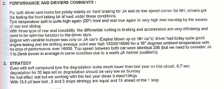 The comments from Friday practice debrief, confirming the lack of understanding of the AP03's rear end.