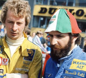 Harald and Bertil Roos look concerned in the F2 paddock. Results were hard to come by, prompting Harald to stay in F1.